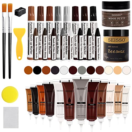 SEISSO Wood Scratch Repair Kit - Set of 36 Wood Filler Putty for Scratches Furniture Markers Touch Up Vinyl Floor Repair Kit - Restore a Finish, Cover Hardwood Scratches, Cracks, Hole, Table, Door - color: 36 pcs
