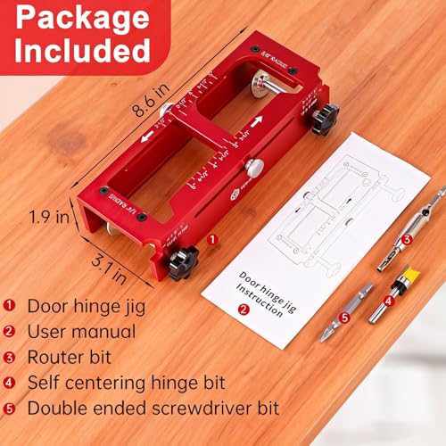 Door Hinge Jig, Aluminum Alloy Mortise Template Kit with Router Bit & Self-Centering Hinge Bit, User Manual for 2.5"-5" Hinges