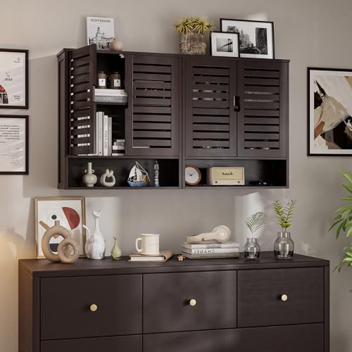 SMIBUY Bathroom Cabinet Wall Mounted, Bamboo Over-The-Toilet Storage Organizer, Space Saver Medicine Cabinet with 2 Door and Adjustable Shelves (Dark Brown) - color: Brown