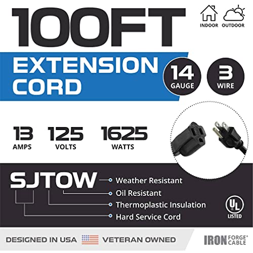 Iron Forge Cable 14 Gauge Outdoor Extension Cord 100 Ft, SJTOW 14/3 Heavy Duty Black Extension Cord 3 Prong, Oil Resistant & Flame Retardant - size: 100 Foot