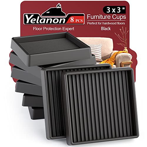 Yelanon Furniture Coasters 8 Pcs 3” Furniture Caster Cups - Non Slip Furniture Pads Hardwoods Floors - Non Skid Grippers Rubber Furniture Feet Anti Slide Floor Protector for Bed Couch Stoppers Black - color: 8pcs3"square Black