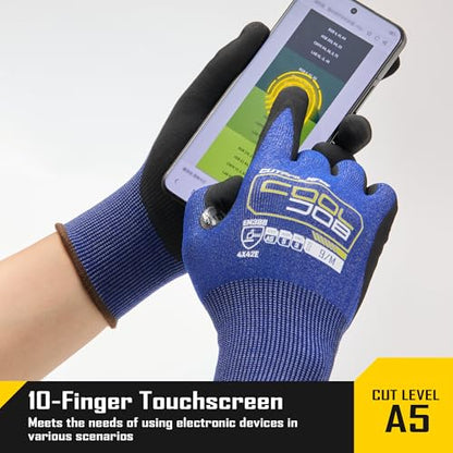 COOLJOB A5 Fiberglass Free Cut Resistant Gloves for Men, Touchscreen, Grip Nitrile Coated, No PFAS, Non Slip, Soft & Durable - color: Blue (Pack of 1), size: Small