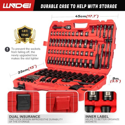 LLNDEI 1/4 & 3/8 Inch Drive Impact Socket Set, 186 Pieces Metric and Standard Full Sockets, CR-V Deep & Shallow Sockets Tool Set with Ratchet Wrench Handle, Spark Plug Socket, Bits for Mechanic - size: 186-piece 1/4" & 3/8" Drive Socket Set
