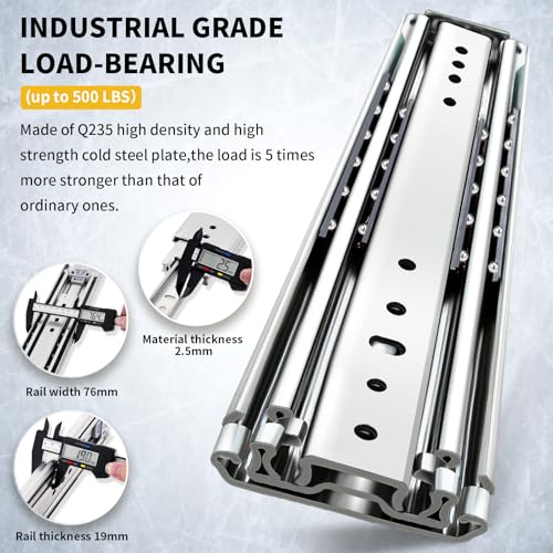 YENUO Heavy Duty Drawer Slides 12 14 16 18 20 22 24 26 28 30 32 34 36 38 40 44 48 52 56 60 Inch Full Extension Side Mount Ball Bearing Long Rails Track Guide Glides Runners Load 500 Lbs 1 Pair - size: 14 Inch, style: Load:500 lb (No lock) -W:76mm