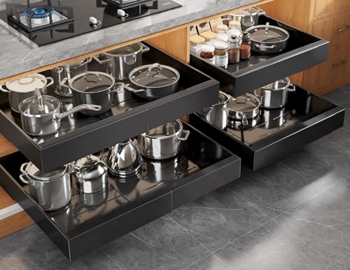 Seinloes 4 Pack Expandable Pull Out Cabinet Organizer 21"Deep With Raising Pad for Framed Cabinets,Upgrade 3 Slide Rails Slide Out Drawers,No Drill Roll Out Shelves,Adjustable Width 15.1"-26.3" Black - color: Black, size: 21"D x 15.1"-26.3"W(4Pack)