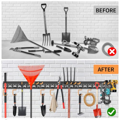 Garden Tool Organizer Wall Mount - Garage Storage and Organization Yard Tool Hanger with Adjustable Pegboard Hooks Shed Rack for Broom Mop Shovel Rake Trimmers, 32 inch Max 350lbs, Black - size: 32 Inch