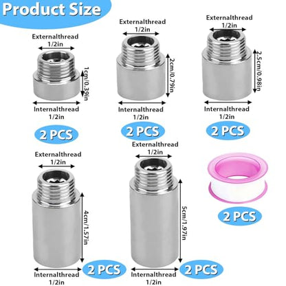 10PCS Shower Pipe Extender, Shower Head Extension Pipe, Stainless Steel G1/2 Male To Female Thread, Length Extender Pipes Fitting Nipple for Showers, Faucets, and Plumbing With Ptfe Thread Seal Tape