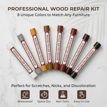 Wood Filler Sticks Repair Kit Wood Putty Scratch Repair - 8 Color Waterproof Sandable Paintable Wax Putty Stick for Furniture Floor Cabinet Touch Up White Hole Fix
