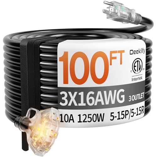 100 ft 16/3 awg 3 Outlet Extension Cord Splitter with Indicator, Waterproof Outdoor Extension Cord with Multiple Outlets, 10A 1250W for Home & Workshop, ETL Listed, Black SJTW - color: Black, size: 100ft