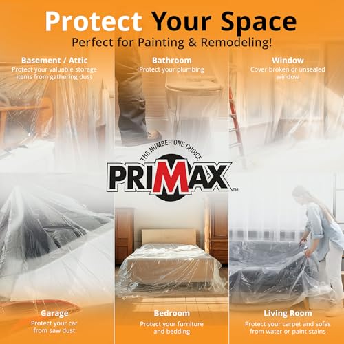 PRIMAX Clear Plastic Drop Cloth 9x12 ft (24 Pack) – Waterproof Painters Plastic Sheeting for Painting, Furniture Covers & Dust Protection – Easy Cleanup, Mess-Free Solution for Painting or Renovations - size: 9' x 12' - 24 pack