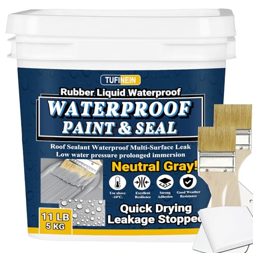 Rubber Liquid Waterproof Sealant, TUFINEIN 11 LB/5 KG Neutral Gray Quick Drying Multi Surface Foundation Leak Repair - Roof Gutters Basement Sealer Waterproof - Indoor & Outdoor Flexible Rubber Paint - color: Neutral Gray, size: 11 LB