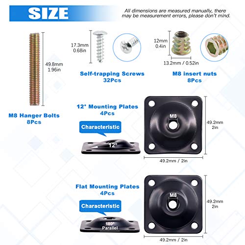 Glarks 8 Sets Black Flat Furniture Leg Mounting Plates Set, 4Pcs Flat and 4Pcs 12 Degree Leg Attachment Plates with 40pcs 5/16" Hanger Bolts Screws for Furniture Sofa Couches Seats