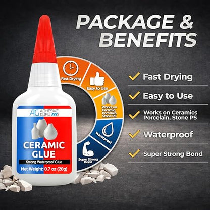 Adhesive Guru Ceramic Glue (4x0.7 oz) Super Glue for Pottery, Porcelain & China Repairs, Waterproof & Odorless After Cure, Non-Toxic, Temperature Resistant, Compatible with Aerosol Activator – 4 Pack - size: 4 Pack, style: Ceramic Glue