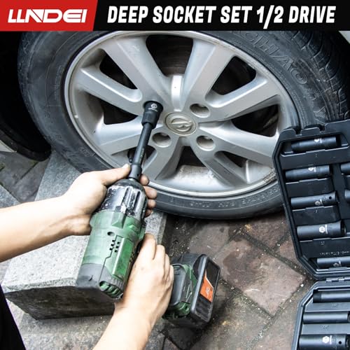 LLNDEI 1/2 inch Drive Deep Impact Socket Set, 37 Piece Standard SAE 3/8" to 1-1/4" | Metric 8 to 24mm, Includes Spark Plug Socket (16, 21mm), CR-MO Universal Joint, Extension Bars and Adapter - size: 37-piece 1/2" Drive Socket Set Sae & Metric