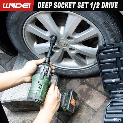 LLNDEI 1/2 inch Drive Deep Impact Socket Set, 37 Piece Standard SAE 3/8" to 1-1/4" | Metric 8 to 24mm, Includes Spark Plug Socket (16, 21mm), CR-MO Universal Joint, Extension Bars and Adapter - size: 37-piece 1/2" Drive Socket Set Sae & Metric