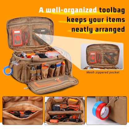14-Inch Heavy Duty Tool Bags for Men, Tactical Tool Bag With Anti-Friction Bottom, Hand Tool Storage Bag, Work Tote Bag and 16+ Multi-Pockets, Ideal Gift For Mechanics, Electricians, Carpenters