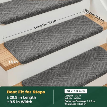 MBIGM Bullnose Non-Slip Stair Treads w/Reusable Adhesive 14 Pack 9.5" x 30" Wooden Steps Protection - TPU Backing with Steel Reinforcement - Anti-Slip Solution Basketweave Dark Gray - color: Dark Gray - Basketweave
