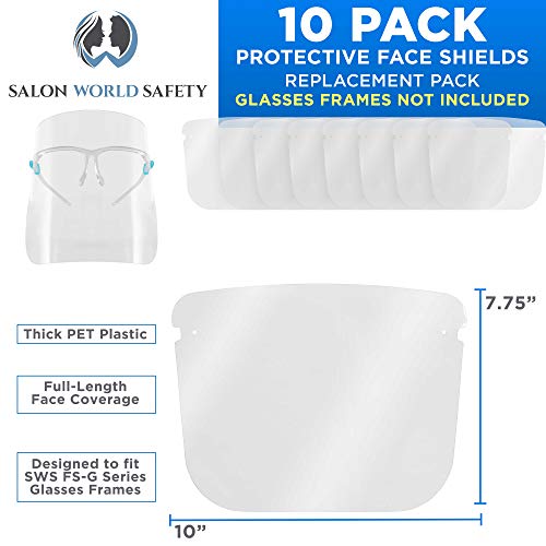 TCP Global Salon World Safety Replacement Face Shields Only (Pack of 10), Glasses Frames Not Included – Fits Most Brands, Ultra Clear, Full Face, Protect Eyes Nose Mouth, Anti-Fog PET Plastic, Goggles - color: Clear-r