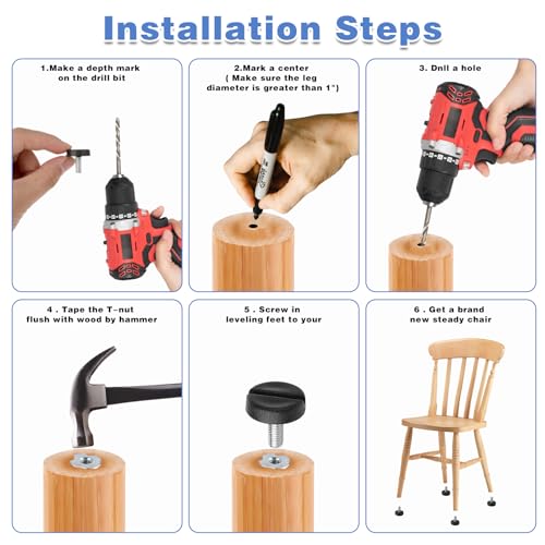 12 Pack Furniture Leveling Feet Adjustable Furniture Feet Table Legs Heavy Duty Leveling Feet Screw on Furniture Levelers for Table Cabinets Chairs Bar Stool Desk Dresser Wood Legs (M6) - size: M6
