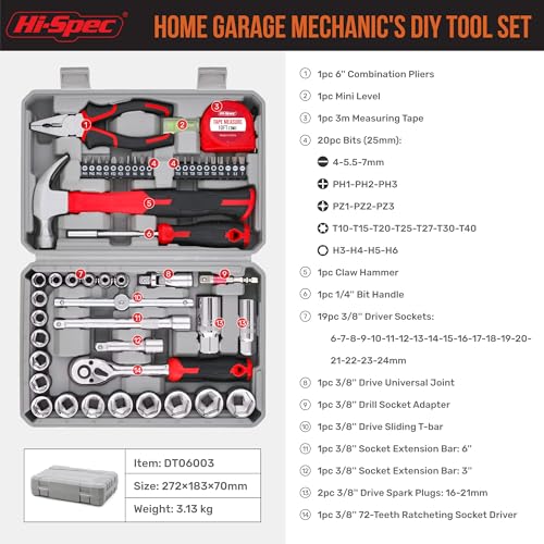 Hi-Spec 52pc Home Garage Mechanics DIY Tool Kit Set. Metric Sockets, Ratchet Wrench, Screwdriver Bit Set, Pliers and Spark Plug Accessories in a Portable Toolbox Case - size: 52 PCS