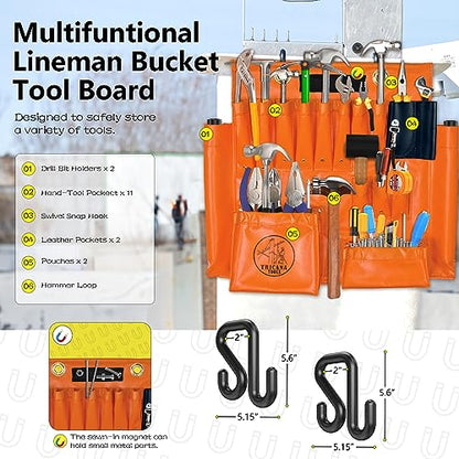 Lineman Tool Board, Aerial Apron, Bucket Truck Tools Organizer with Over 16 Pockets, Tool Organizer for Bucket Trucks and Lineman, Includes Two 2” Bucket Hooks - size: 16 Pockets(with Magnet)