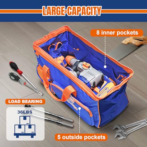 WADFOW 19-inch Tool Bag, Waterproof Wide Mouth Storage Bag with Adjustable Shoulder Straps for Professional and Daily Use,Blue and Orange