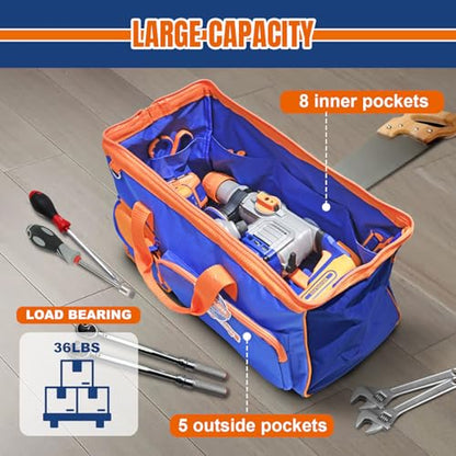 WADFOW 19-inch Tool Bag, Waterproof Wide Mouth Storage Bag with Adjustable Shoulder Straps for Professional and Daily Use,Blue and Orange