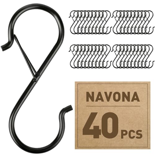 Navona 40 Pcs S Hooks for Hanging Heavy Duty, 3.5-inch Heavy Duty Metal S Hook with Safety Buckle, Suitable for 0.5 inch Rods, S Hook for Hanging Plants, Closet, Kitchen Utensil, Pot, Pan, Bags - size: 40PCS