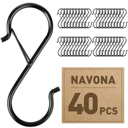 Navona 40 Pcs S Hooks for Hanging Heavy Duty, 3.5-inch Heavy Duty Metal S Hook with Safety Buckle, Suitable for 0.5 inch Rods, S Hook for Hanging Plants, Closet, Kitchen Utensil, Pot, Pan, Bags - size: 40PCS