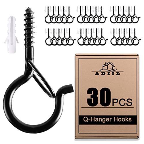 ADIIL 30 PCS Q Hanger Hooks with Safety Buckle, Windproof Screw Hooks for Hanging Outdoor String Lights, Plants, Christmas Patio Lights, 2.2 Inches, Black - color: Black, size: 30 pcs