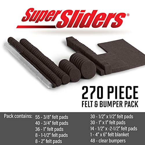 Super Sliders Self-Stick Furniture Felt Pads & Cabinet Bumpers- Protect Hardwood, Tile & Laminate Surfaces, Brown/Clear (270)