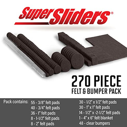 Super Sliders Self-Stick Furniture Felt Pads & Cabinet Bumpers- Protect Hardwood, Tile & Laminate Surfaces, Brown/Clear (270)