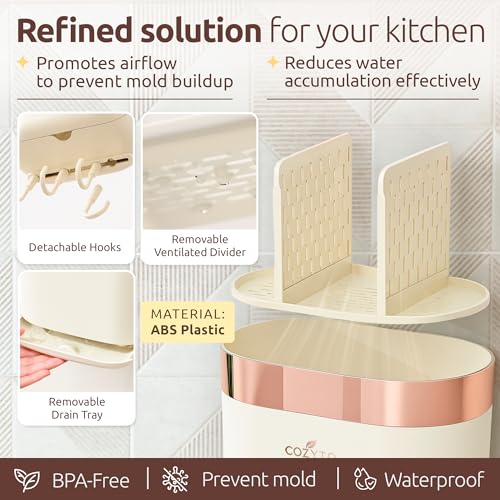 COZYTO LuxTray U1-Pro Wall Mounted Utensil Holder – Kitchen Organizer with Hooks, Dividers & Drain Tray, No-Drill Adhesive Wall Mount Storage, BPA-Free (Cream White & Rose Gold) - color: Cream White & Rose Gold