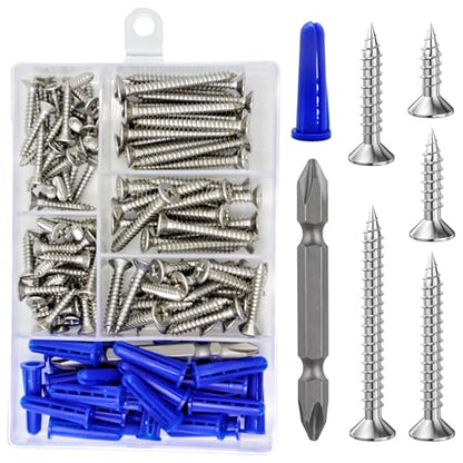 Wensilon (135Pcs) 304 Stainless Steel Wood Screw Quick Metal Self Tapping Flat Head with Drywall Plastic Anchors kit - size: SS304 Flat Head Wood Screws