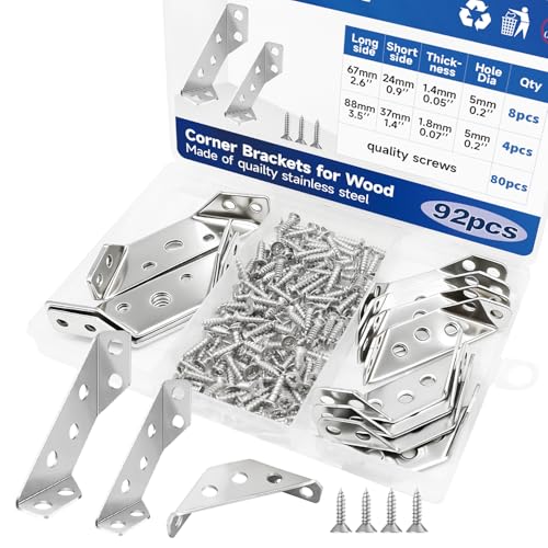12Sets/92Pcs 2Sizes L Corner Brackets for Wood Hardware Angle Bracket Heavy Duty Universal Stainless Steel Corner Braces with Screws for Furniture Tables Chairs Cabinet Drawer YY031