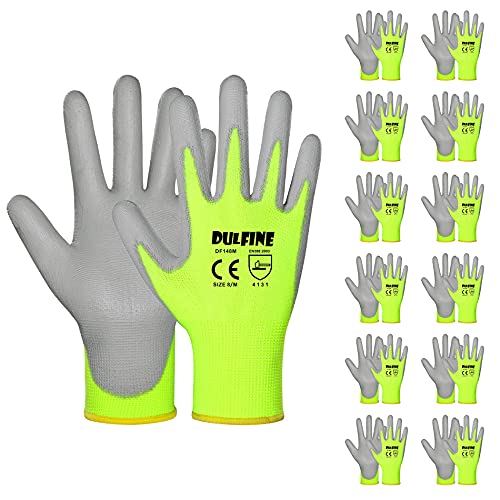 Safety Work Gloves for Men PU Coated 12 Pairs Bulk Pack,Hi-Vis Yellow Seamless Knit Glove with thin Polyurethane Coated Smooth Grip on Palm & Fingers,Ideal for General Duty Work (Small) - color: Yellow, size: Small