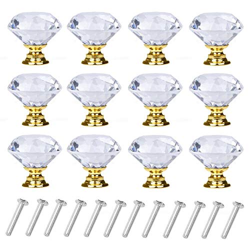 YourGift 6 Pack Drawer Knobs Diamond Shaped Crystal Glass 30mm Cabinet Knobs Pull Handles (30 mm, 6 Pack, Gold) - color: Gold, size: 30 mm, 6 Pack