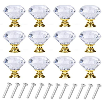 YourGift 6 Pack Drawer Knobs Diamond Shaped Crystal Glass 30mm Cabinet Knobs Pull Handles (30 mm, 6 Pack, Gold) - color: Gold, size: 30 mm, 6 Pack