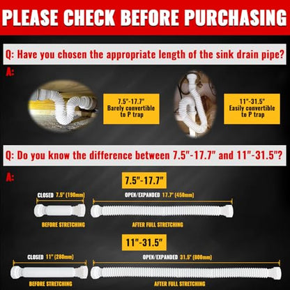 VIVIDA 1-1/2" Sink Drain Pipe Kit, Flexible Drain Pipe P Trap, 7.5"-17.7" Flexible P Trap, Under Sink Plumbing for Bathroom & Kitchen, 1-1/4" Adapter Included, 1 PACK - color: White, size: 7.5" to 17.7"