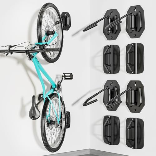 PEGZONE Swivel Bike Wall Mount, Heavy Duty Vertical Bike Rack with Fixed Hooks for Garage Storage, Wall Mounted Bicycle Hangers Holds up to 77 lbs for Indoor, 4 Pack - size: 4 Pack