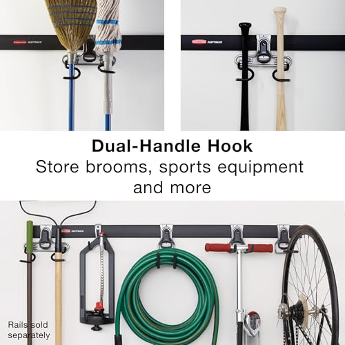 Rubbermaid FastTrack 2-Handle Hook (S Hook) Mounted Garage Storage and Space Saving Organization System Metallic Powder-Coated Steeel for Rakes/Brooms/Toys/Ladders - size: 1 Count (Pack of 1), style: Double-Handle Hook