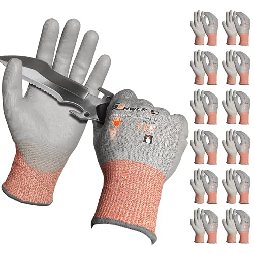 Schwer 12 Pairs ANSI A5 Cut Resistant Work Gloves, Cut Proof Gloves with PU Coating, Used for Metal Fabrication, WoodWorking, Construction, Non Slip, Durable, Non PFAS, M, CR3088 - color: Grey, size: Medium