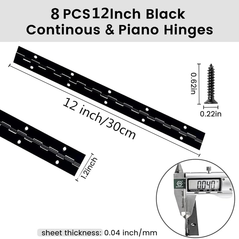 12 Inch Black Continuous Piano Hinges 2 Pack, Heavy Duty Stainless Steel Furniture Hinges 0.05" Thickness 1.2" Open Width with 24 Mounting Screws for Folding Cabinet Doors - size: 12IN-1.2IN-2PACK