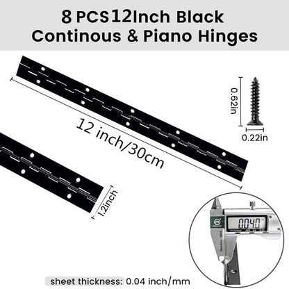 12 Inch Black Continuous Piano Hinges 2 Pack, Heavy Duty Stainless Steel Furniture Hinges 0.05" Thickness 1.2" Open Width with 24 Mounting Screws for Folding Cabinet Doors - size: 12IN-1.2IN-2PACK