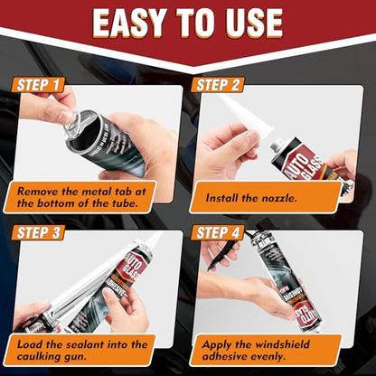 Polyurethane Windshield Sealant, Black Windshield Adhesive - High Viscosity, Fast Curing for Car Windshield/Back Glass Installation & Repair with Gloves, Applicator Tip (310ml*2)