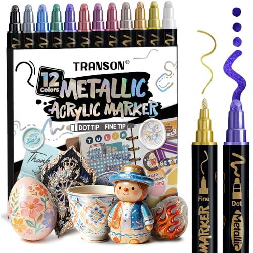 TRANSON 12Colors Metallic Paint Markers Bold and Fine Dual-tip for Rock Wood Ceramic Canvas DIY Painting Drawing - color: 12 Metallic Colors