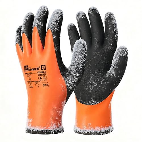 Schwer 2 Pairs 100% Waterproof Winter Work Gloves, ANSI A2 Cut Resistant Freezer Gloves for Outdoor Cold Weather Keep Hands Warm, Thermal Insulated Gloves for Shoveling Snow, Ice Fishing, XXL - color: Winter Orange, size: XX-Large