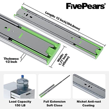 FivePears 1 Pairs 12 Inch Heavy Duty Soft Close Drawer Slides, 150 Lb Load Capacity Full Extension Ball Bearing Side Mount Drawer Runner, Rv Tool Box Kitchen Cabinet Drawer Self Closing Glide Rails - size: 12 Inch