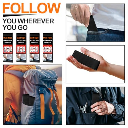 4 Pack 1.77 in x 10 ft Travel Duct Tape Mini Pocket Size Flat Roll Flexible Heavy Duty Waterproof Tear by Hand for Repair Outdoor Emergency Gear EDC DIY Craft Camping Hiking (Black) - size: Black