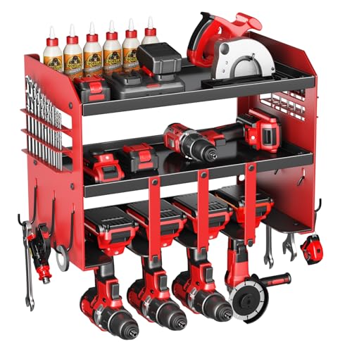 Power Tool Organizer Wall Mount - 120Lbs Load 3 Layers Storage Rack 4 Drill Holders for Drills Cordless Heavy Duty lron Garage Tool Organizer Storage - Workshop Shed Pegboard Basement, Gifts for Men - color: red